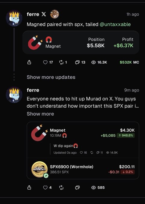The image shows two X posts from "ferre" highlighting a MAGNED token call paired with SPX, which has surged 948.8% to a $4.30K position with $5,085 in profit, while SPX6900 trades at $200.11. The accompanying post mocks "FerreWeb3" for allegedly using a shill account to pump the same token he later called out on his main, calling the self-promotion tactic "diabolical" and labeling him a "retardio" — suggesting the image is being used as evidence of the suspicious dual-account behavior.