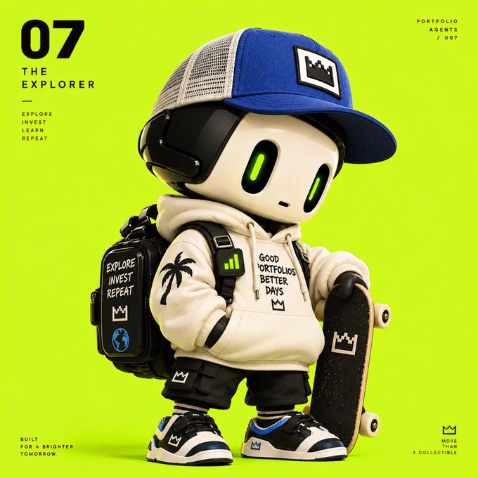 A 3D illustration titled "THE EXPLORER" against a bright green background, featuring a robot character wearing a blue cap, a hoodie reading "GOOD PORTFOLIOS BETTER DAYS", and carrying a backpack and skateboard. The text "EXPLORE INVEST LEARN REPEAT" and "MORE THAN A COLLECTIBLE" is also visible.