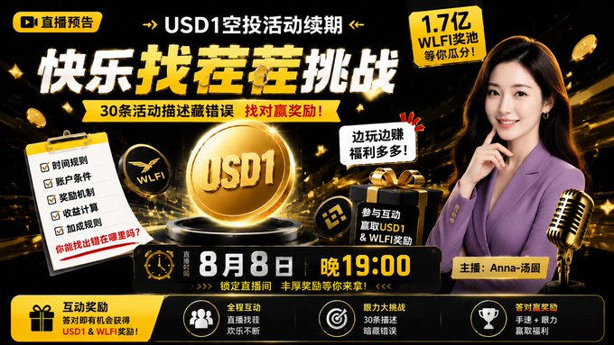 This promotional graphic announces an "USD1 Airdrop Fun Spot-the-Mistake Challenge" livestream featuring host Anna (汤圆), scheduled for August 8th at 19:00, advertising a massive 1.7 billion WLFI prize pool and highlighting a checklist of event rules including account conditions, rewards mechanism, and registration requirements.