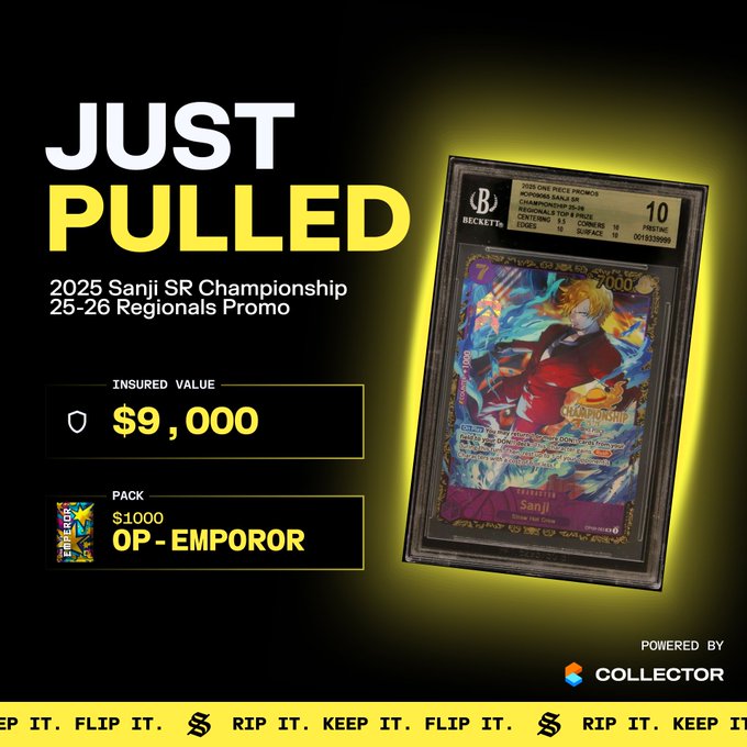 The image showcases a "Just Pulled" promotional graphic featuring a Beckett-graded 10 One Piece Promo card of Sanji (the 2025 Sanji SR Championship 25-26 Regionals Promo), insured at $9,000 and packed in the $1,000 OP-Emporium pack. It directly relates to the "rip it, keep it, or flip it?" post by prompting collectors to decide whether to open the high-value sealed pack or preserve the rare card.