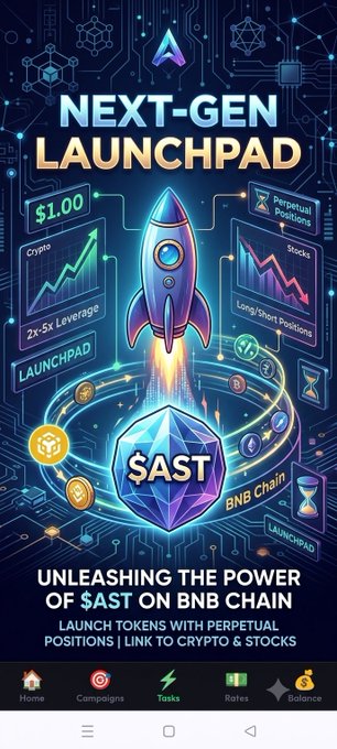 A mobile ad for '$AST' on BNB Chain, advertising a 'NEXT-GEN LAUNCHPAD' with perpetual positions and 2x-5x leverage.