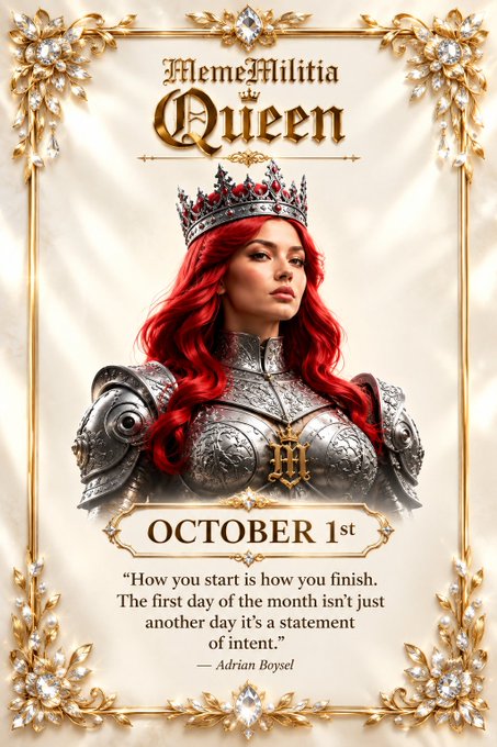 An ornate fantasy-style poster features a red-haired queen in a crown and silver armor, with the text "MemeMilitia Queen" and "OCTOBER 1st" displayed above a quote: "How you start is how you finish. The first day of the month isn't just another day it's a statement of intent." — Adrian Boysel