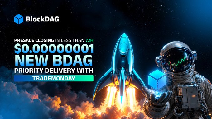 The image is a promotional graphic for BlockDAG, featuring a rocket launching amid flames alongside an astronaut holding a BDAG block, with bold text announcing "PRESALE CLOSING IN LESS THAN 72H," "$0.00000001 NEW BDAG," and "PRIORITY DELIVERY WITH TRADEMONDAY" — visually reinforcing the post's urgency about the upcoming presale deadline.