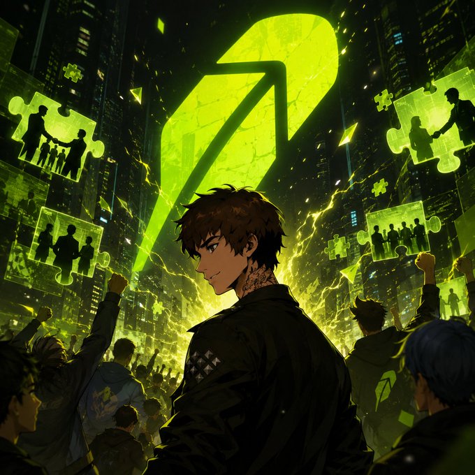 An anime-style character with brown hair stands confidently before a massive glowing green logo and a crowd, with translucent puzzle pieces displaying silhouettes of people floating in the background, symbolizing the connection and collaboration being announced. The post reveals this image celebrates joining @Lambo_cult as Collab Manager, where the puzzle piece imagery visually represents bringing NFT projects together through partnerships and community support.