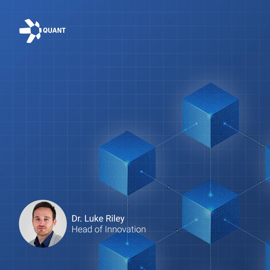 The image features a blue background with a series of cubes arranged in a grid pattern, creating an abstract design. The text "Dr. Luke Riley Head of Innovation" is placed above the cubes, indicating that the image is related to a discussion or presentation about blockchain technology and innovation.