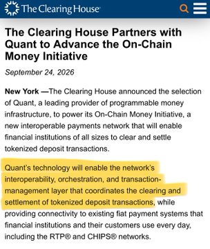 A news article from 'The Clearing House' dated September 24, 2026, titled 'The Clearing House Partners with Quant to Advance the On-Chain Money Initiative,' with a highlighted section detailing Quant's role in enabling interoperability and tokenized deposit transactions.