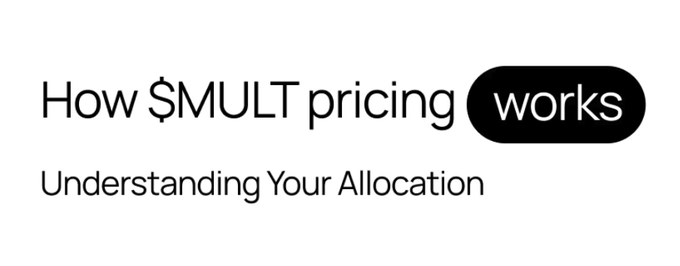 The image displays the text "How $MULT pricing works" with "works" highlighted in a black rounded badge, followed by the subtitle "Understanding Your Allocation." It serves as a header graphic introducing a post that explains the two pricing tiers for the $MULT token sale—a $250M FDV non-rewards lane and a $100M FDV rewards lane (ORBs/Crystals/Keyring)—noting that the preferred tranche effectively gets 2.5x more tokens for the same investment.