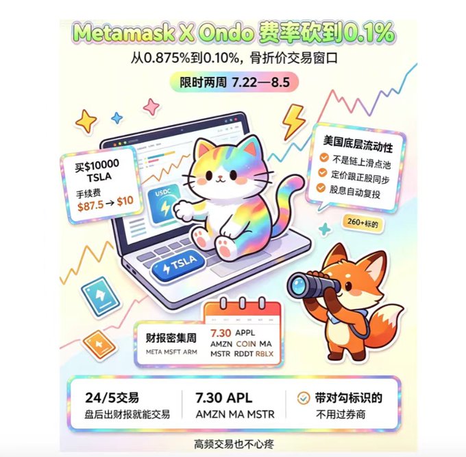 A promotional graphic in Chinese for 'Metamask X Ondo' featuring a rainbow cat on a laptop, advertising a reduced trading fee to 0.1% and listing stocks like TSLA, META, and AAPL.