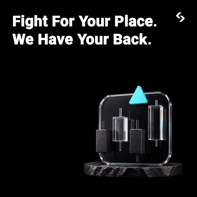 A marketing graphic with the text 'Fight For Your Place. We Have Your Back.' displayed above a 3D-rendered transparent app icon containing geometric shapes on a stone pedestal.