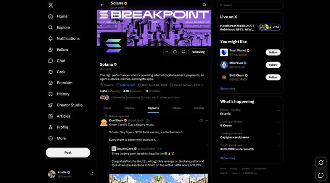 A screenshot of the X (formerly Twitter) social media platform displaying a profile page for Solana (@solana), showing the BREAKPOINT banner, follower stats (3.6M), and posts including one about 'Duel Duck'.