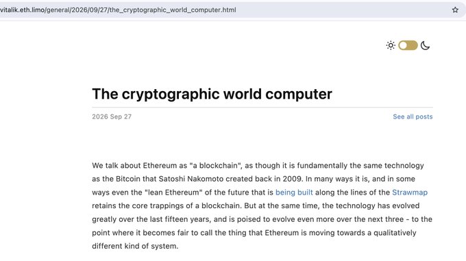 A screenshot of a webpage titled 'The cryptographic world computer' dated 2026 Sep 27, discussing Ethereum's evolution beyond its origins as a 'blockchain'.
