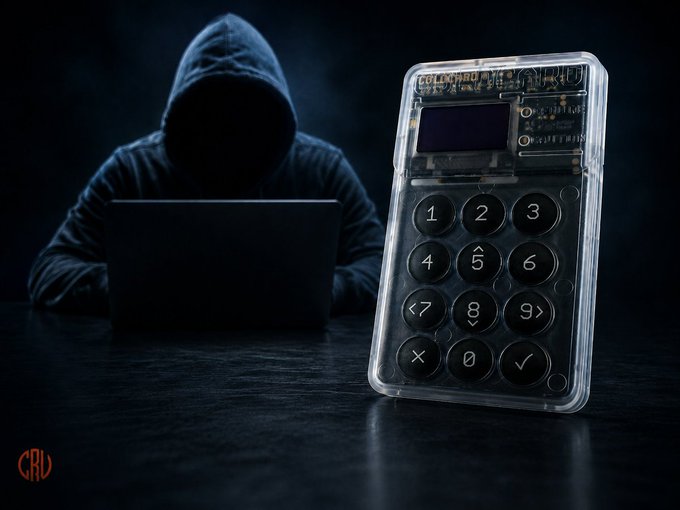 A hooded figure works on a laptop in the shadows beside a transparent hardware wallet displaying its circuit board and numeric keypad, visually representing the anonymous threat behind the Coldcard-linked Bitcoin thefts that have drained over $114 million in BTC.