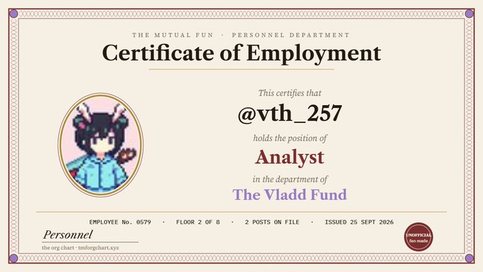 A 'Certificate of Employment' from The Mutual Fun Personnel Department certifying @vth_257 as an Analyst in The Vladd Fund department, Employee No. 0579, Floor 2 of 8, with 2 posts on file, issued 25 Sept 2026.