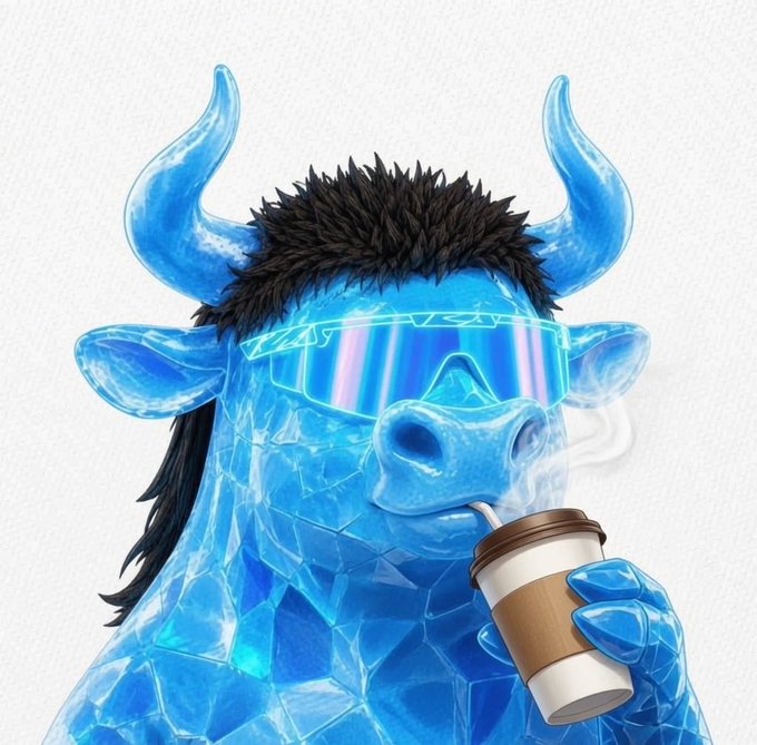 A blue crystalline bull with spiky black hair and futuristic VR-style sunglasses sips from a steaming coffee cup, embodying a stylish "Gm" (good morning) crypto greeting with bullish energy.