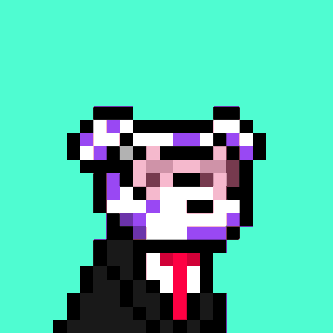 A pixel art character with light purple and pink skin, pointy ears, and a red tie on a teal background.