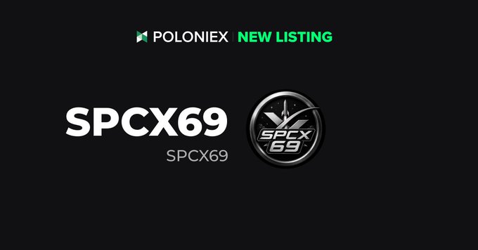 A black promotional banner announces Poloniex's new listing of the token "SPCX69," featuring the Poloniex logo with green "NEW LISTING" text at the top and a large SPCX69 ticker with a circular rocket-themed coin emblem in the center, corresponding to the deposit and trading schedule outlined in the post.