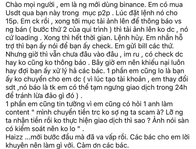 A Vietnamese-language social media post from a new Binance user describing a P2P USDT purchase issue where the seller's payment verification failed and the order was cancelled, seeking advice on how to proceed.