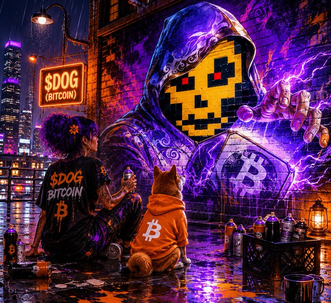 A neon-style cyberpunk artwork showing a person in a '$DOG BITCOIN' shirt and a dog in an orange Bitcoin hoodie sitting before a graffiti wall depicting a hooded figure with a pixelated smiley face and Bitcoin symbols.