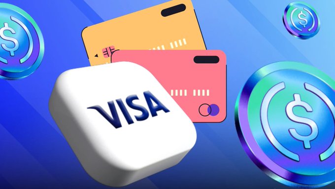 A vibrant, 3D-style digital illustration showing a white block with 'VISA' written on it, alongside two credit cards and several floating, metallic blue coins with dollar signs on them.
