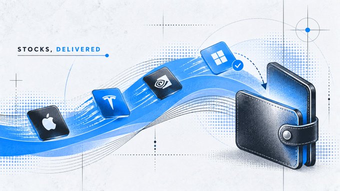 A digital illustration titled 'STOCKS, DELIVERED' shows icons for Apple, Tesla, NVIDIA, and Windows flowing into a black leather wallet.