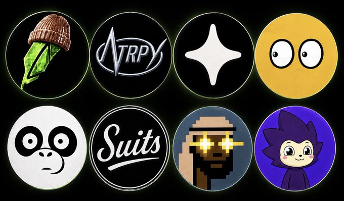 A collection of eight circular profile pictures or icons featuring various designs including a green character with a beanie, a RPY logo, a white star, a yellow emoji face, a panda, a Suits logo, a pixel art character with yellow sunglasses, and a purple cartoon character.