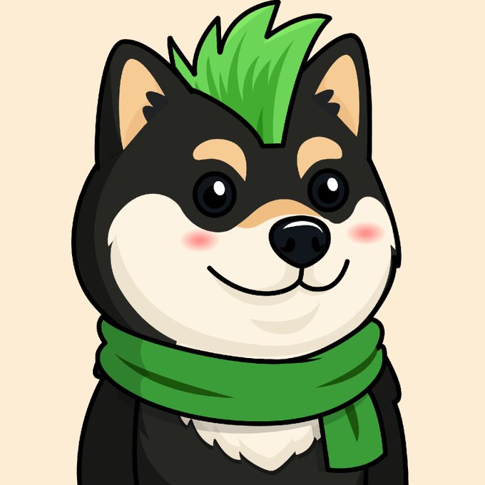 A cute cartoon illustration of a black and tan Shiba Inu dog with a green mohawk and matching green scarf.