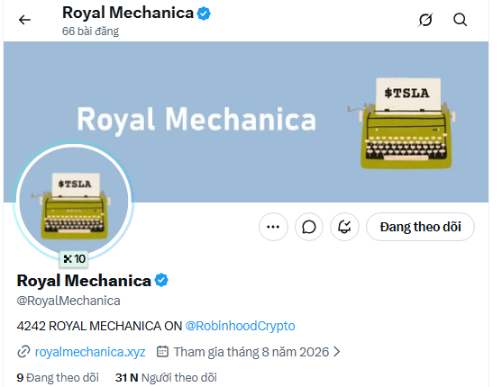 A social media profile page for 'Royal Mechanica' (@RoyalMechanica) featuring a typewriter avatar with '$TSLA', 66 posts, and bio text '4242 ROYAL MECHANICA ON @RobinhoodCrypto'.