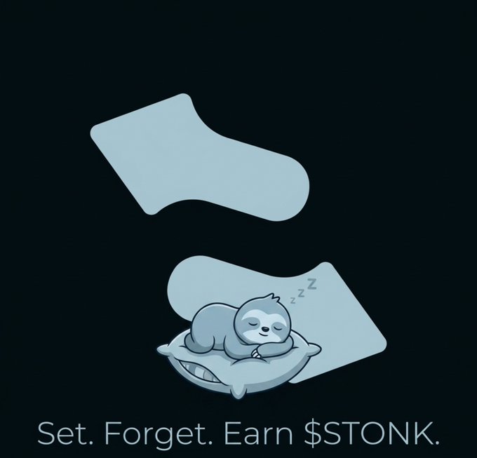 A logo featuring a stylized 'S' with a sleeping sloth on a pillow and 'zzz', accompanied by the text 'Set. Forget. Earn $STONK.'