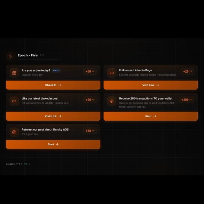 An 'Epoch - Five 0/6' task dashboard with orange buttons for completing various activities like 'Are you active today?' (+50 XP), 'Follow our LinkedIn Page' (+20 XP), and 'Receive 200 transactions TO your wallet' (+200 XP).