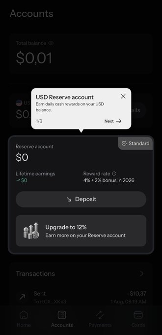 A screenshot of a mobile banking app's 'Accounts' page displays a 'Total balance' of '$0,01' and an informational pop-up about a 'USD Reserve account' offering '4% + 2% bonus in 2026' with an option to 'Upgrade to 12%'.