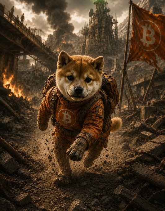 The image features a dog dressed as a person, wearing an orange jumpsuit with a backpack and walking through a war-torn landscape. The caption reads "Truth doesn't need permission ... And the truth is $DOG". This phrase emphasizes that the dog's actions are genuine and not influenced by any external factors or authority figures.

The image also includes a bridge in the background, suggesting an urban setting where the dog has wandered off to explore.