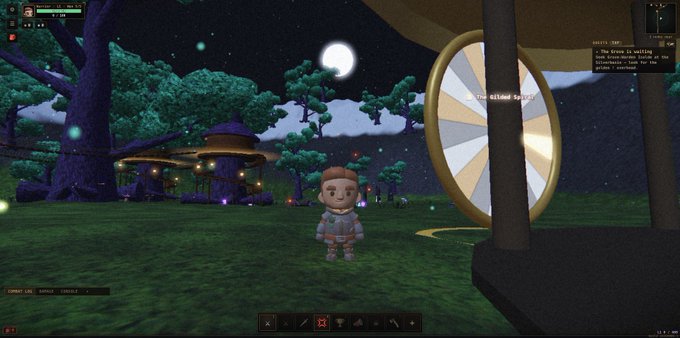 A screenshot from a video game featuring a small character standing in a nighttime forest clearing near a spinning wheel labeled 'The Wheel of Plenty'.