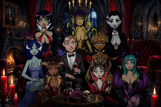 A digital illustration of a man in a tuxedo holding a wine glass, surrounded by eight female vampire/monster characters in an ornate, candle-lit gothic room with red curtains.