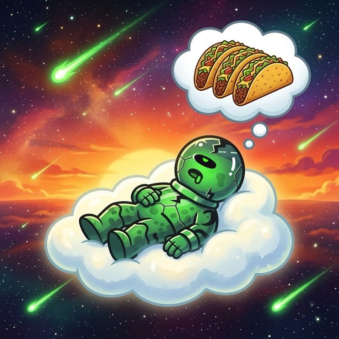A cartoon illustration of a green camouflage robot relaxing on a cloud in space, dreaming of tacos while green shooting stars streak across the starry sky.