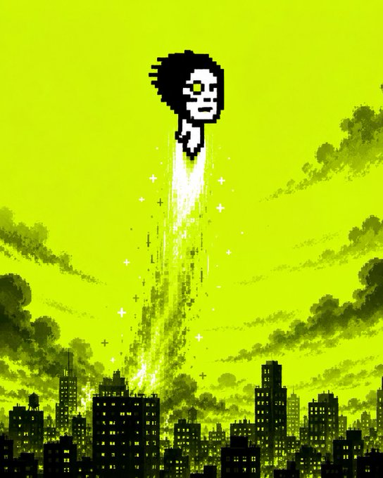 A pixel art style illustration showing a black and white face with green eyes rocketing upward on a bright trail over a silhouetted city skyline, set against a vibrant lime green sky with dark clouds.