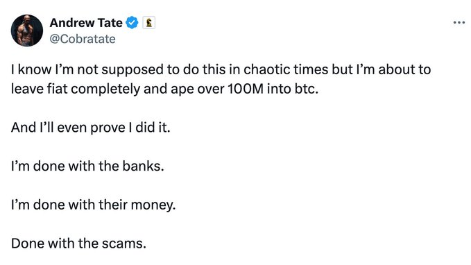 In the image, there's a text that says "ANDREW TATE: I'm about to leave fiat completely and ape over $100 million into Bitcoin." This means that Andrew Tate is about to invest a large sum of money into Bitcoin, which could potentially increase his wealth significantly.