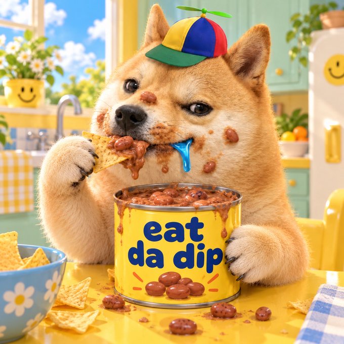 A Shiba Inu dog wearing a propeller beanie eats tortilla chips from a yellow can labeled 'eat da dip' in a colorful kitchen.