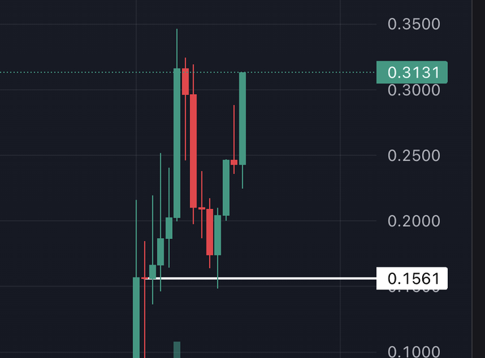 A candlestick chart showing price action ranging from approximately 0.10 to 0.35, with notable resistance at 0.3131 and a key support level highlighted at 0.1561, illustrating the substantial 75% three-day gain referenced in the post before the trader trimmed 80% of their position.