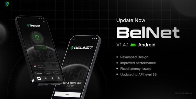 A promotional graphic announces "Update Now" for **BelNet V1.4.1 Android**, highlighting features like a revamped design, improved performance, fixed latency issues, and an update to API level 36, with two smartphone mockups displaying the app interface shown against a dark background. The image directly supports the post's announcement of BelNet's latest Android release, showcasing the refreshed app design and emphasizing the platform's role within the Beldex ecosystem.