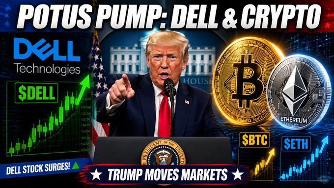 This graphic depicts Donald Trump pointing while "POTUS PUMP: DELL & CRYPTO" is displayed, alongside logos for Dell Technologies, $DELL, Bitcoin ($BTC), and Ethereum ($ETH), with market charts indicating surges. The image directly relates to the post by visually representing the claimed "POTUS PUMP" of Dell stock and cryptocurrencies, linking it to Trump's influence.