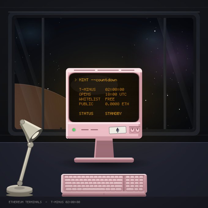 A pink retro computer monitor displays a "MINT --count.down" terminal screen with T-MINUS 02:00:00, opening at 13:00 UTC, free whitelist, and 0.0008 ETH public price, set against a starry space window with a matching keyboard and desk lamp. The image visually reinforces the post's update that the mint is exactly 2 hours away, with whitelist submissions now closed and wallet approvals being processed.
