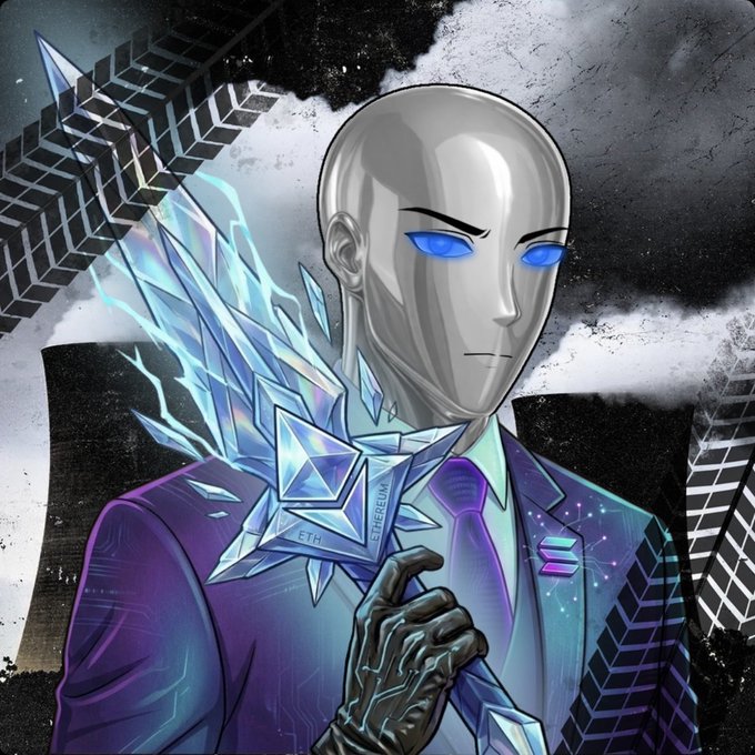 Stylized digital artwork of a metallic humanoid figure with glowing blue eyes in a suit, featuring crystalline Ethereum (ETH) shards and futuristic digital background elements.