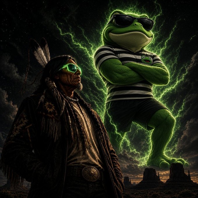A rugged Native American figure in a fringed leather jacket and neon green sunglasses stands in a desert landscape, dwarfed by a giant, muscular Pepe the Frog wearing a striped shirt and black sunglasses, crackling with green lightning. The image visually embodies the $FROG token's fierce, meme-powered ascension, with Pepel's towering, electrified presence symbolizing the coin's looming "millions" milestone.