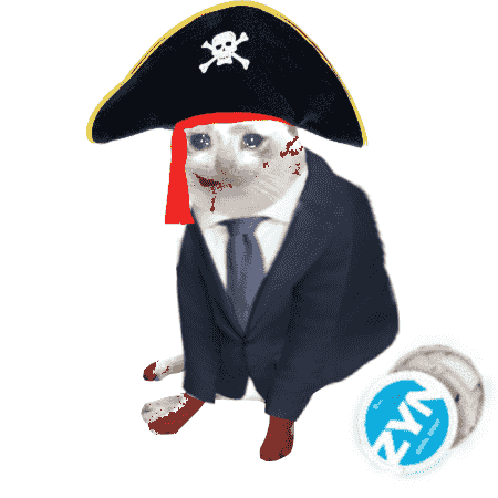 A humorous image of a white cat wearing a pirate hat with skull and crossbones, a red bandana, and a dark business suit, featuring blood splatter effects and an "NFT" logo watermark.