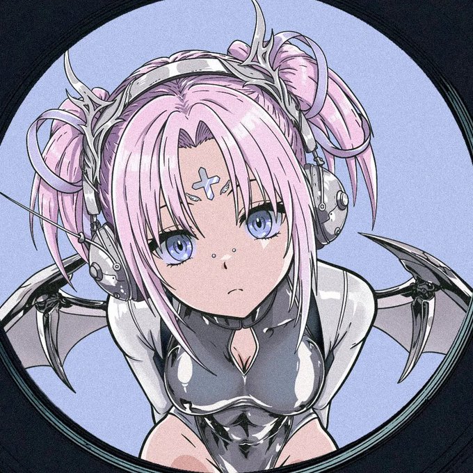 An anime-style illustration of a pink-haired character with mechanical horns, headphones, a cross mark on her forehead, and bat-like wings, framed within a circular lens view—likely the reveal image for the MOMO NFT referenced in the post. The accompanying text mentions that the rare #1 minted sold for 0.99 ETH with a 123× mint price, and the poster expresses sadness at not pulling a #1 themselves in their reveal.