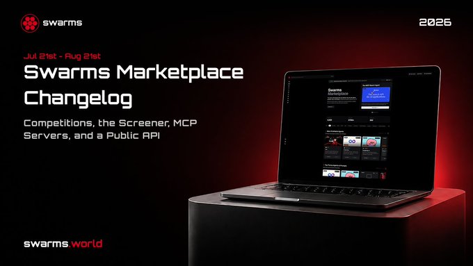 A dark promotional banner for the Swarms Marketplace Changelog (Jul 21st - Aug 21st), featuring the title "Swarms Marketplace Changelog" alongside subtitles "Competitions, the Screener, MCP Servers, and a Public API," with a laptop displaying the marketplace interface and the swarms.world URL shown.