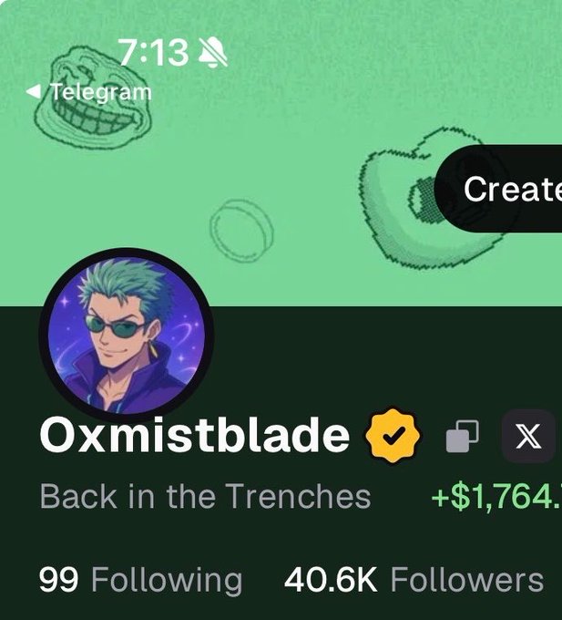 The image shows a Pump.fun profile for "Oxmistblade" with a bio "Back in the Trenches," displaying 40.6K followers and a gain of +$1,764.7, celebrating the creator's growth from zero to over 40k followers since starting on the platform, as highlighted in the accompanying post.