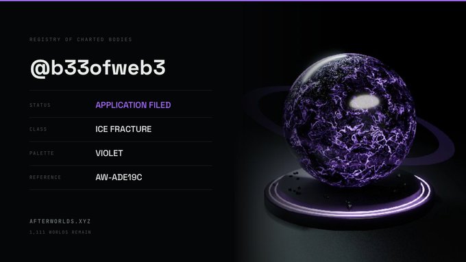 A dark-themed digital poster for @b330ofweb3 on AFTERWORLDS.XYZ, featuring a violet/purple cracked planet labeled as 'Ice Fracture' with class Violet, reference AW-ADE19C, and status 'Application Filed'.