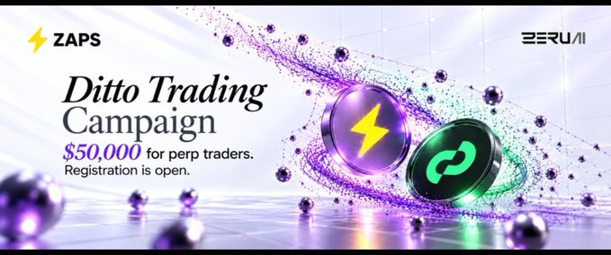 Promotional banner for the ZAPS 'Ditto Trading Campaign' offering $50,000 for perp traders on the ZeruAI platform, featuring lightning bolt and infinity coin graphics.