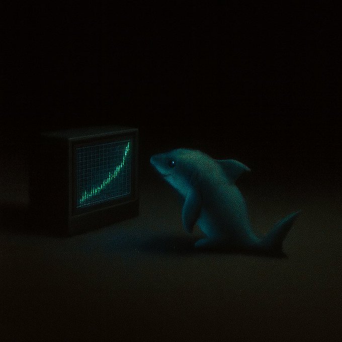 A surreal, dark digital art piece depicting a small shark-like creature standing on its tail fins, staring at a vintage CRT monitor displaying a rising green line chart.